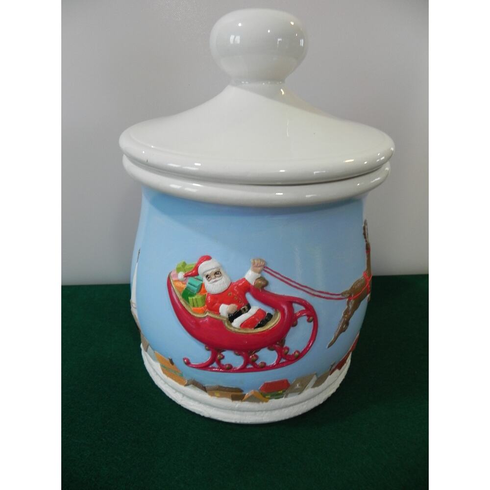 Vintage Large Beautiful Santa Clause Canister, Holiday Canister